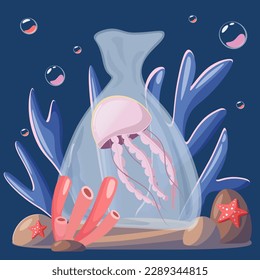 Save the ocean, World ocean day, jellyfish in a plastic bag, vector illustration