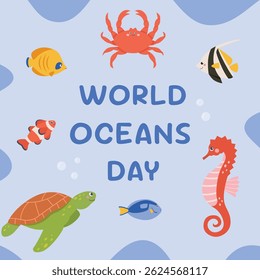 Save the Ocean. World oceans day. Happy Oceans day concept for poster,banner,social media, greeting cards.Vector illustration cartoon flat style