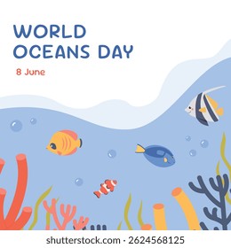 Save the Ocean. World oceans day. Underwater Scene with coral, seaweed, colorful fishes. Happy Oceans day concept for poster,banner,social media, greeting cards.Vector illustration cartoon flat style
