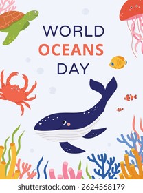 Save the Ocean. World oceans day. Happy Oceans day concept for poster,banner,social media, greeting cards.Vector illustration cartoon flat style