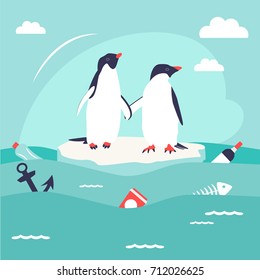 Save oceans concept. Illustration with cute penguins
