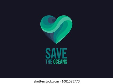Save the oceans heart, Logo. Earth heart with ocean, sea waves. Save the oceans logotype. Nature love. Respect nature.