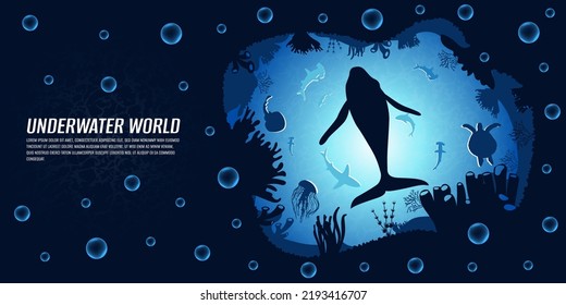 Save the oceans illustration. Sea depths with silhouettes of fish, sharks, turtles, coral reefs and sea plants. Side and top view. Seascape with its inhabitants. Design for web sites, banners.