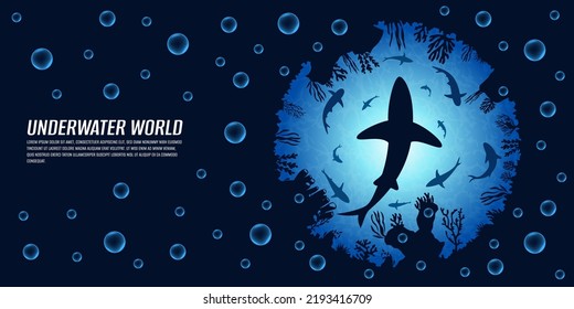 Save the oceans illustration. Sea depths with silhouettes of fish, sharks, turtles, coral reefs and sea plants. Side and top view. Seascape with its inhabitants. Design for web sites, banners.