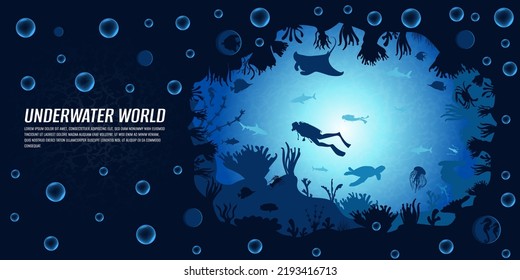 Speichern Sie die Ozeangrafik. Meerestiefen mit Silhouetten von Fischen, Haie, Schildkröten, Korallenriffen und Meerespflanzen. Seite und Draufsicht. Seascape mit seinen Bewohnern. Design für Webseiten, Banner.