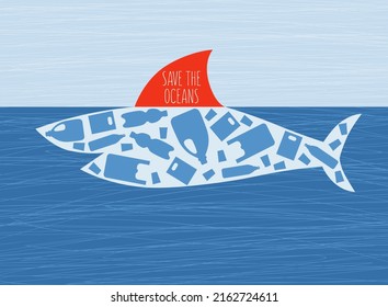 Save the oceans. Illustration of the shark and trash in the ocean