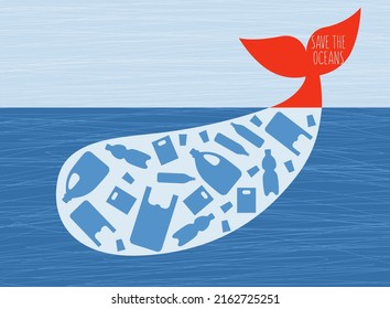 Save the oceans. Illustration of the whale and trash in the ocean