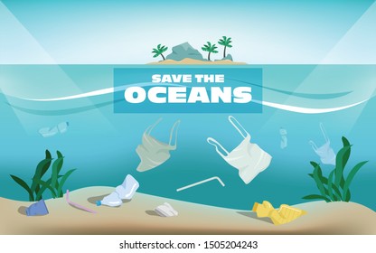 Save the oceans of plastic pollution. Waste underwater the sea. Stop plastic poster banner background.