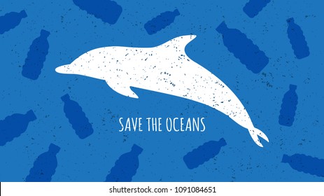 Save the oceans vector illustration. Plastic garbage (bottles) and dolphin silhouette in the ocean graphic design. Water waste problem creative concept.