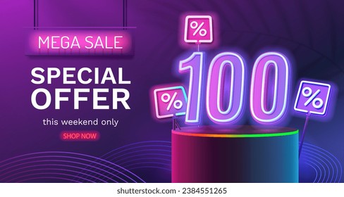 Save offer, 100 off sale banner. Sign board promotion. Vector illustration