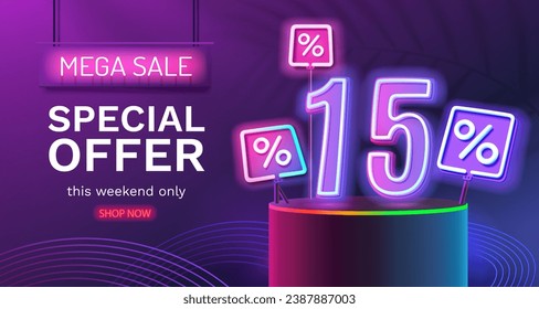 Save offer, 15 off sale banner. Sign board promotion. Vector illustration