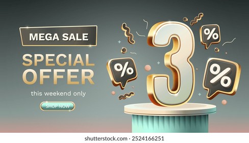 Save offer, 3 off sale banner. Sign board promotion. Vector illustration
