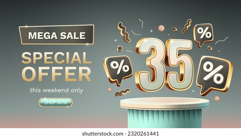 Save offer, 35 off sale banner. Sign board promotion. Vector illustration