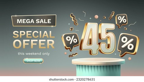 Save offer, 45 off sale banner. Sign board promotion. Vector illustration