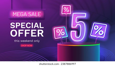 Save offer, 5 off sale banner. Sign board promotion. Vector illustration