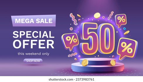 Save offer, 50 off sale banner. Sign board promotion. Vector illustration