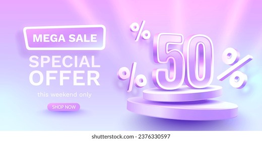 Save offer, 50 off sale banner. Sign board promotion. Vector illustration