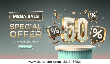 Save offer, 50 off sale banner. Sign board promotion. Vector illustration