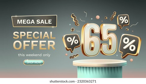 Save offer, 65 off sale banner. Sign board promotion. Vector illustration