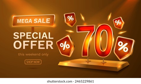 Save offer, 70 off sale banner. Sign board promotion. Vector illustration