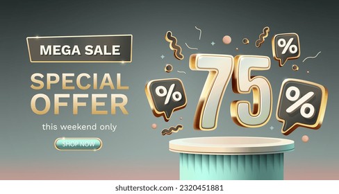 Save offer, 75 off sale banner. Sign board promotion. Vector illustration