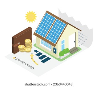 Save On Electric Bills With Solar Panels concept. Flat isometric 3d illustration.