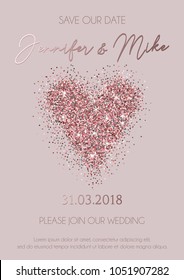 Save our date wedding invitation elegance design. Modern design for engagement or wedding with rose gold glitter heart and beige background. Vector illustration.