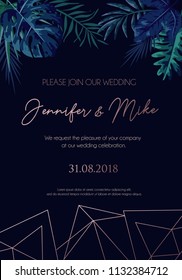 Save our date wedding invitation design. Elegance template for engagement or wedding with rose gold lines, tropical leaves and navy blue background. Vector illustration.