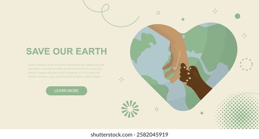 Save Our Earth banner. Unity and Sustainability. Environmental awareness. Child hand holding adult hand. Global conservation. Earth day concept. Love earth. Flat style.Vector illustration