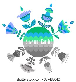 Save our Earth blue and green poster template. Vector illustration.