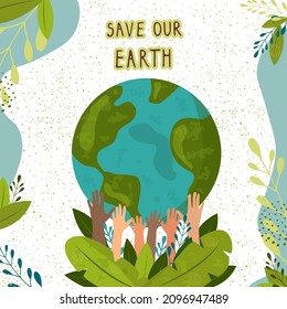 Salvemos nuestra Tierra, ecología, protección ambiental, cambios climáticos, Día de la Tierra, 22 de abril, salve a la Naturaleza.Vector ilustración de manos dibujadas a mano que mantienen nuestro planeta sobre un fondo blanco. 