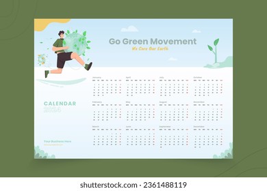 Save our earth go green movement illustration on one page calendar 2024