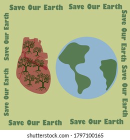 save our earth icon,Vector eco illustration for social poster, banner or card on the theme of saving the earth.heart of earth.Saving environment, save, protect clean planet and ecology.eps10