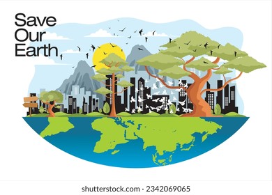 Salvemos la ilustración de Nuestra Tierra. Ilustración vectorial de la hermosa ciudad y el paisaje natural coexisten