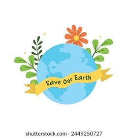 Save our earth typography with planet earth and plants illustration vector