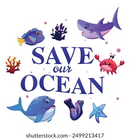 Guardar Nuestra ilustración del océano con corales, plantas marinas, peces, ballenas, tiburones, cangrejos, estrellas de mar y burbujas