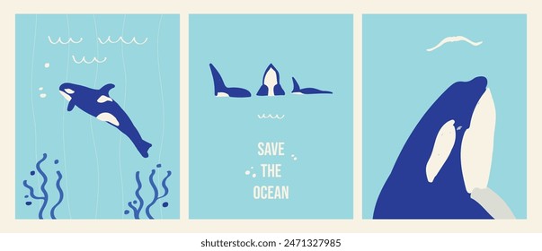 Save our ocean. World oceans day. Orcas whale. Design on blue background. Abstract doodle vector illustration. Set of postcard. Killer Whale