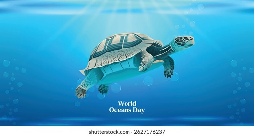 Save our oceans. World oceans day design with turtle under the deep ocean. abstract vector illustration design. 8th june. Banner, card, vector template.