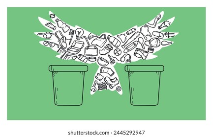 Save our planet. Bird silhouette with garbage bins and doodle trash icons. Stop pollution, reduce waste. Plastic bags, bottles or different kinds of garbage on green background. Ecology protection.