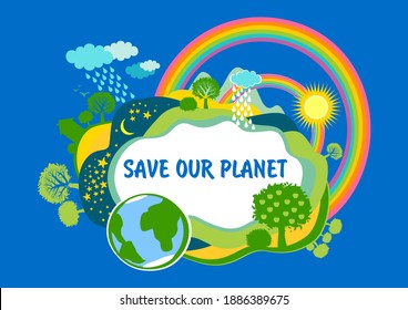  Save our planet. The concept of climate change and global warming. World Earth day.  Concept of energy saving and ecology. Perfect design for greeting cards, posters, T-shirts, banners, print.