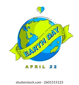Save our planet concept, eco ecology, earth climate changes, Earth Day April 22, planet with ribbon and typing vector emblem or illustration isolated over white background.