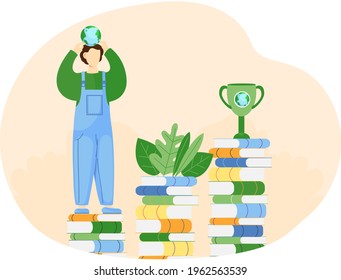 Save our planet concept. Nature and ecology modern graphic design poster. Guy standing on stack of books with small globe in his hands. Man thinking about environment and taking care of nature