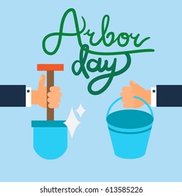 Save Our Planet Concept with shovel, bucket and hand. Arbor Day Greeting for sticker, banner and flyer. Vector