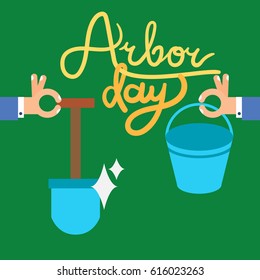Save Our Planet Concept with shovel, bucket and hand. Arbor Day Greeting for sticker, banner and flyer. Vector