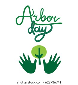 Save Our Planet Concept with tree in human hand. Arbor Day Greeting for sticker, banner and flyer. Vector