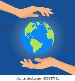 Save our planet consept. Human hands holding floating globe in space. Flat style vector isolated illustration for Earth day.