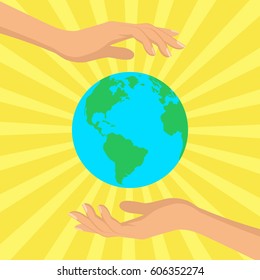 Save our planet consept. Human hands holding floating globe in space. Flat style vector isolated illustration for Earth day.