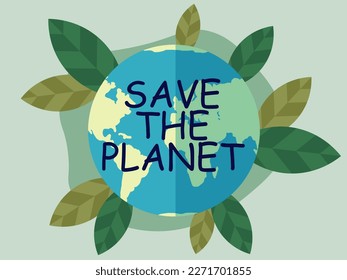 Retten Sie unseren Planeten Erde, Ökologie, Umweltschutz, Klimawandel, Earth Day 22. April, Planet mit Blättern Vektorsymbol. Darstellung von Natur, Gesundheit, Ökoleben mit Erde und Pflanzen