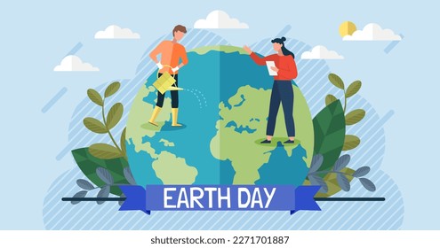 Save our planet earth, ecology eco environmental protection, climate changes, Earth Day April 22, planet with leaves vector emblem. Presentation of nature, health, eco lifestyle with globe and plants