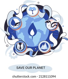 Save our planet ecological metaphor Earth day, love for native home. Sustainable gardening renewable energy. Caring for nature protecting environment stop air and water pollution, rational consumption